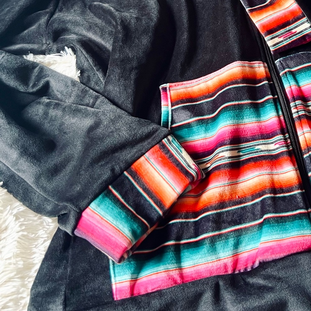 Black Zip Hoodie with Multicolor Serape Trim - Picture 2 of 4